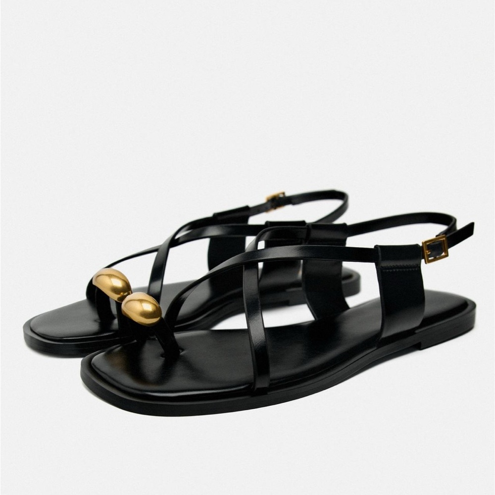 Zara black leather sandals with gold metal embellishment size 7.5